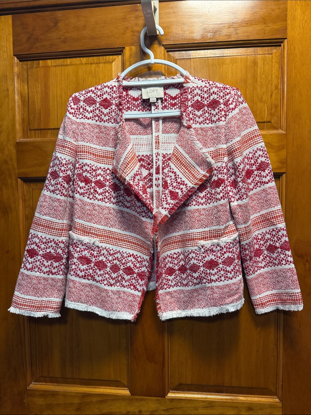LOFT Red and White Textured Fringe Open-Front Jacket